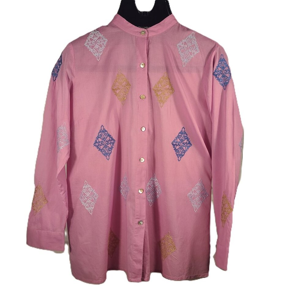 J JILL Embroidered Pink Button Up Top Women's Small Petite